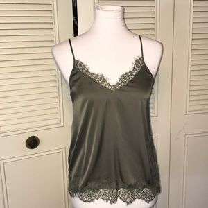 Olive Satin top with eyelash lace detailing